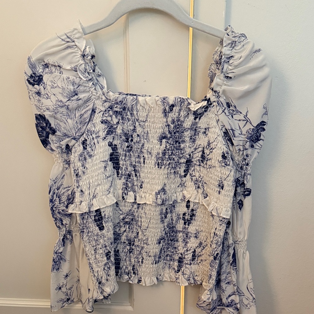 Cinq à Sept Blue and White Floral Smocked Blouse
